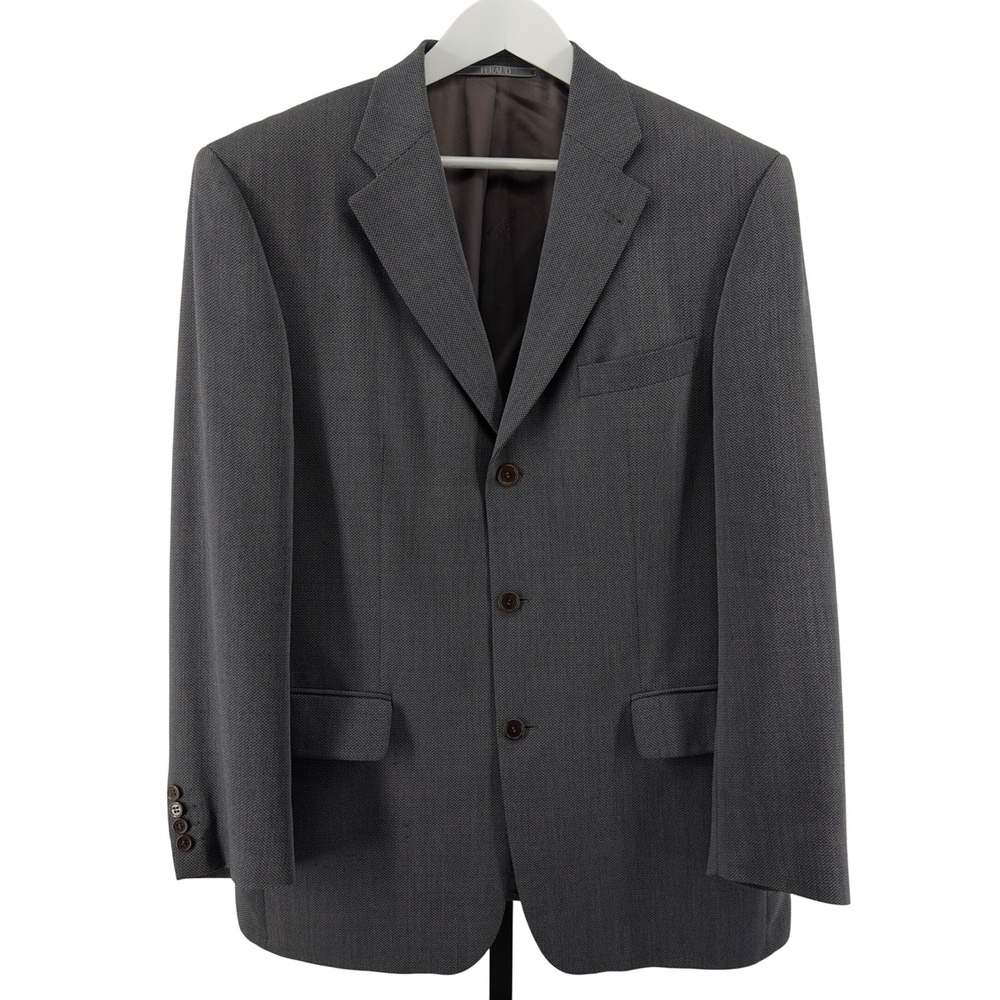 Louis Feraud Paris Gray Herringbone Virgin Wool Blazer Coat Jacket Mens 44R
